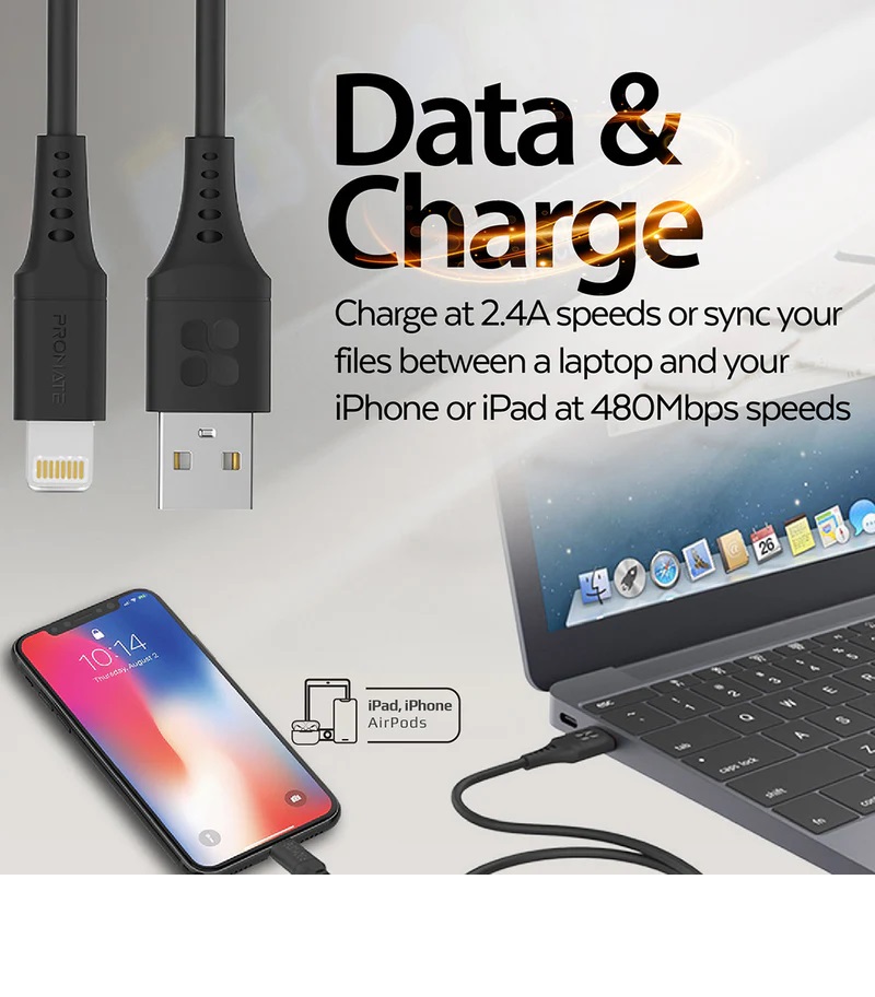 Promate PowerLink-Ai200 Ultra-Fast USB-A to Lighting Soft Silicone Cable