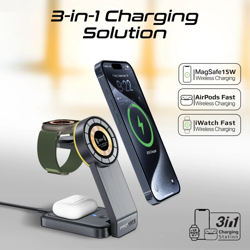 Promate TransFold Black 3-in-1 Transparent Foldable Wireless Charging Station