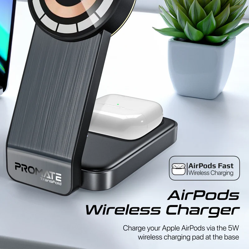 Promate TransFold Black 3-in-1 Transparent Foldable Wireless Charging Station