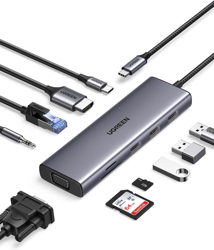 UGREEN 10-in-1 USB-C HUB 3xUSB-A 3.0 + USB-C 100W PD + SD/TF + RJ45 + 4K HDMI + VGA + 3.5mm Space Gr